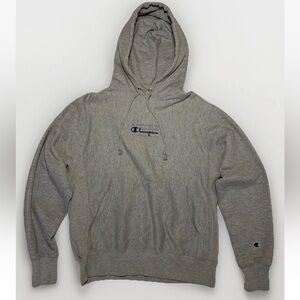 90s CHAMPION REVERSE WEAVE Medium Gray Script Logo Pullover Hooded Sweatshirt